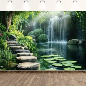 1PC,2D Flat Nature Forest Waterfall Lotus Pond Stone Path Backdrop, Decorative Tapestry for Living Room, Bedroom, Live Streaming Room, Photo Shooting Background, High - Definition, Waterproof and