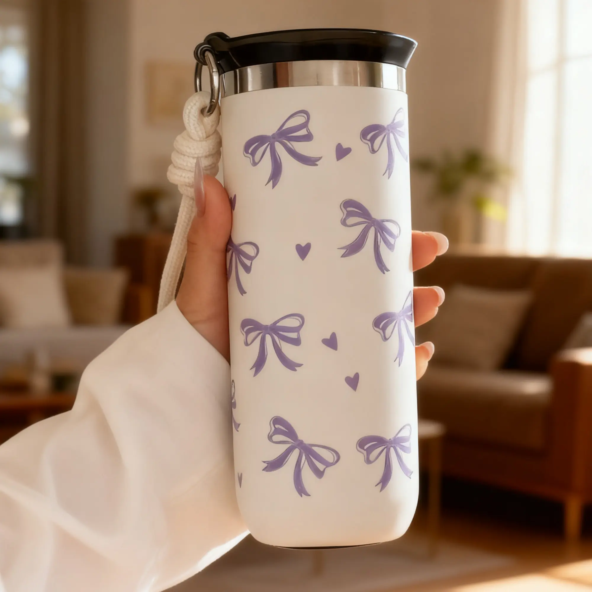 500ML Double-Layer Stainless Steel Insulated Travel Mug with Bow Pattern, Insulated Travel Drinkware, Insulated Water Cup, Perfect Travel Cup for Home, Office, School and Car, Great Gift for Christmas, Mother's Day and Valentine's Day, Vacuum Flask