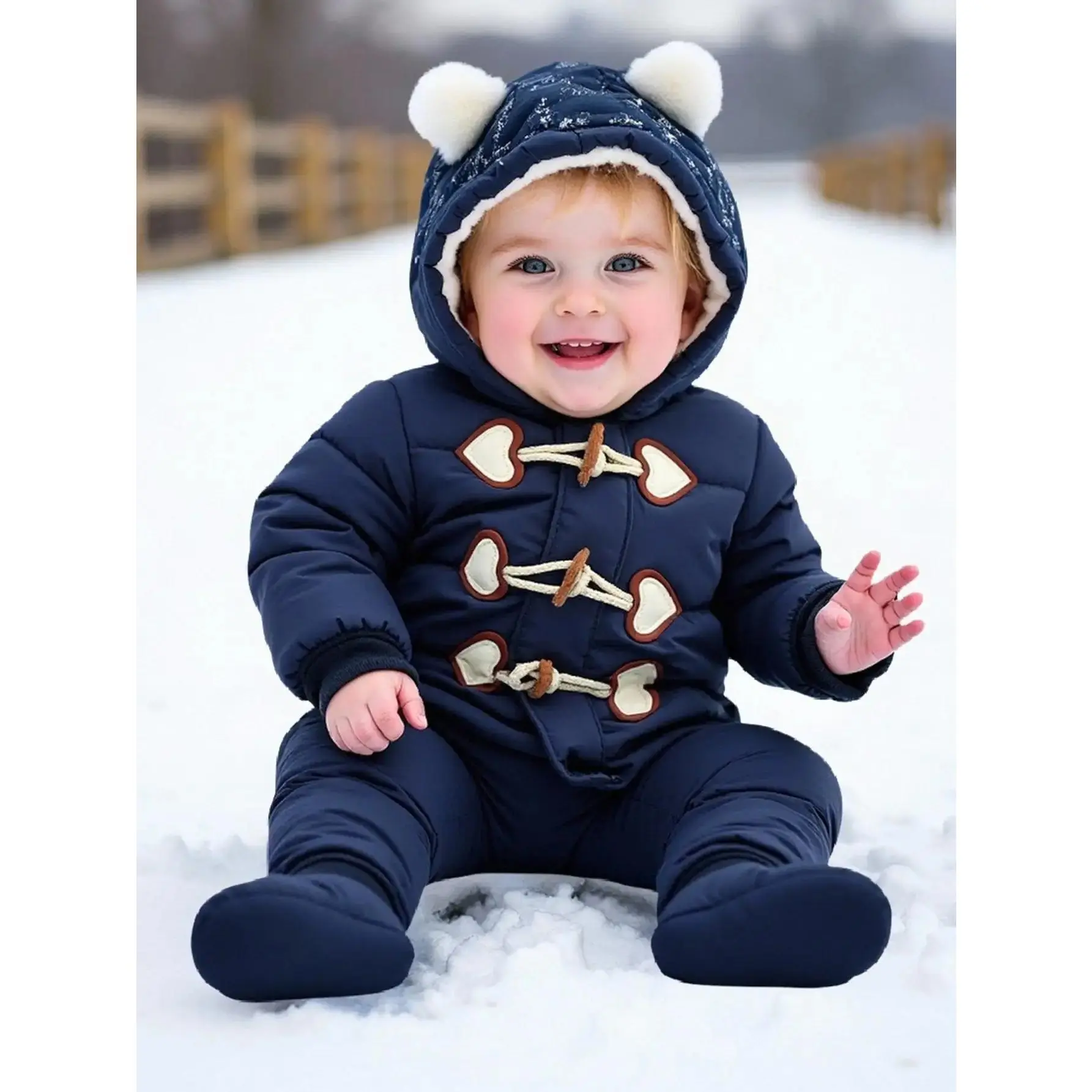 Kids' Woven Polyester Basic Winter Snowsuit - Fleece-Lined, Thick, Windproof, Hooded, Plain Button-Closure Outdoor Coat for 0-3 Years Old Boys, Hand Wash Only, Not for Dry Cleaning
