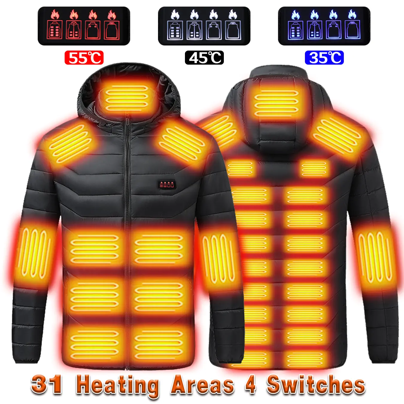 Heated Hoodie Jacket for Men Women, 31 Heating Zones with Wide Coverage and Long Sleeves, USB Powered 3 Heat Levels for Winter Sports, Outdoor Work, Hiking, Camping, Cold Weather Wear.