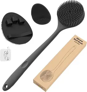 Silicone Back Scrubber (Thick Bristles) & Bath Glove & Face Brush Set(3PCS), Super-Exfoliating & Lathering Body Scrubber, Shower Brush, Face Scrubber Combination, with a Free Hook.(Black) Accessories Hanging Cleaning Plastic Cleaning Plastic Hand Personal