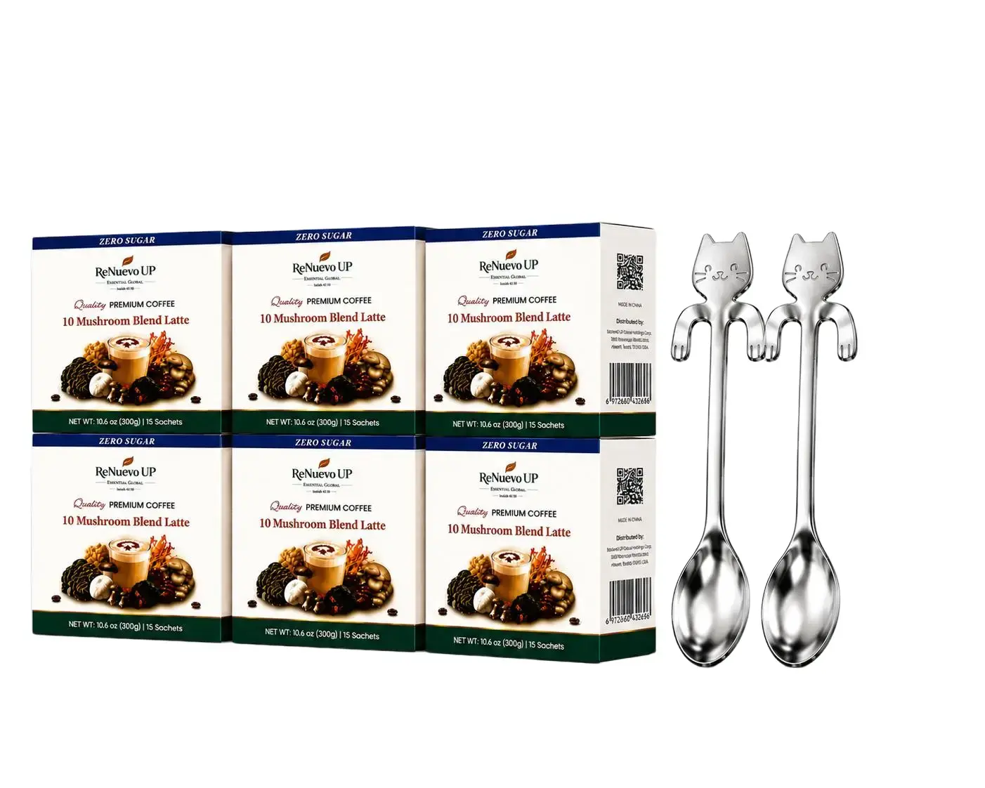 ReNuevo UP 10 Mushroom Blend Premium Instant Latte Mix, 6-Pack (90 Sachets + 2 Coffee Spoons), No Sugar with Reishi, Lion's Mane, Cordyceps & Chaga