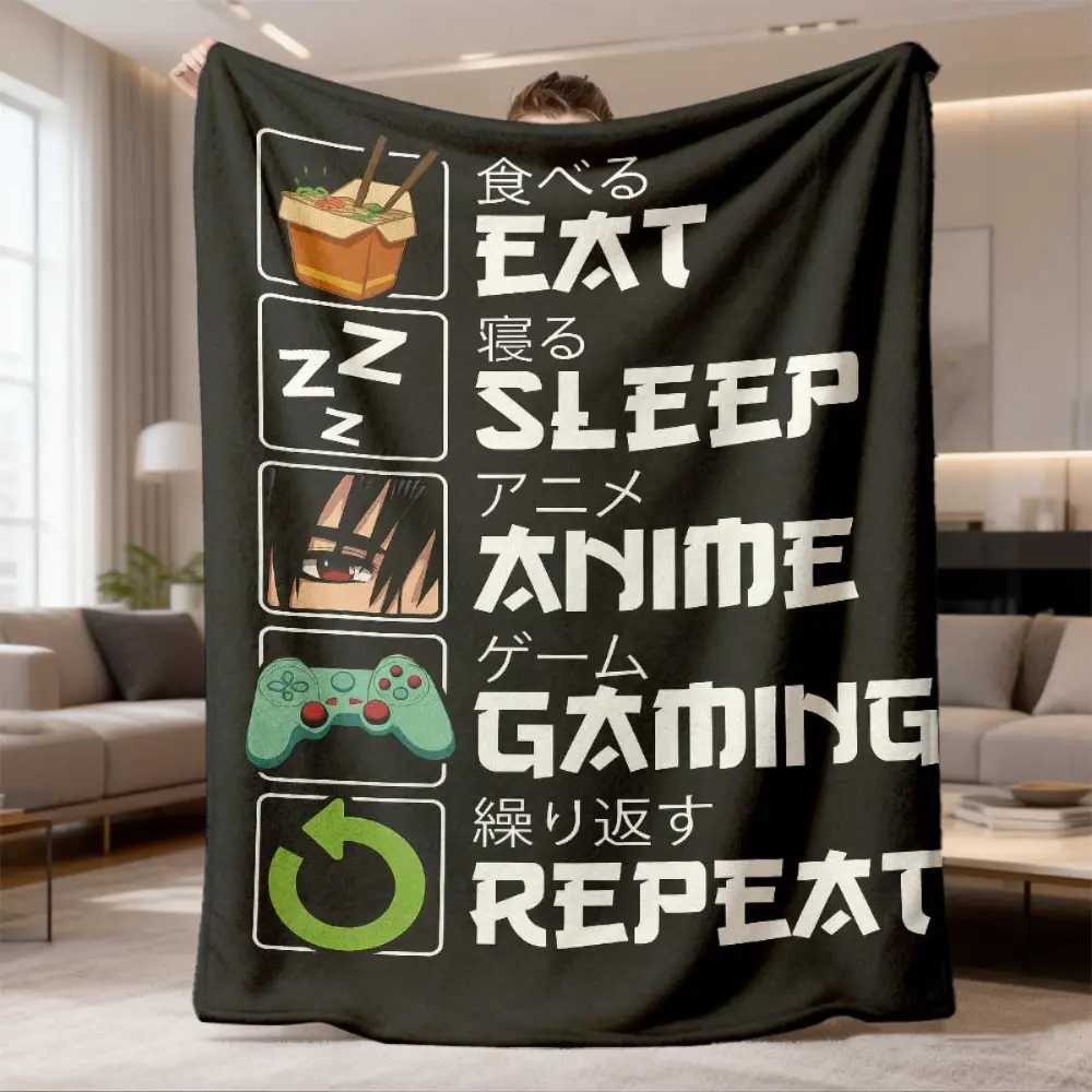 Anime Gamer Blanket, Soft Flannel Throw Blanket with Eat Sleep Anime Gaming Repeat Print, Cozy Gift for Men Women Teens Otaku and Gaming Fans, Gaming Room Decor for Bed Couch Sofa Dorm, Lightweight Warm Throw