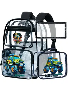 3PCS Clear Backpack for Boys,16" Truck Transparent Bookbag Heavy Duty, Cute See Through Backpacks with Lunch Bag