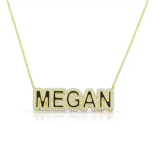 Pave Enamel Block Name Necklace
