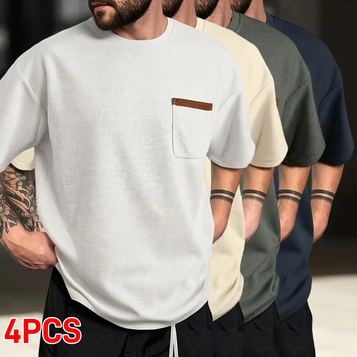 4-pack men’s casual short-sleeve tops, solid color with pockets, fashionable street-style men’s short-sleeve T-shirts, summer crew-neck short-sleeve T-shirts, menswear, men’s short-sleeve T-shirts, gift for him, summerwins