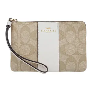 COACH Corner Zip 16 Chevron Canvas and Leather Wristlet Clutch Bag for Women, Small Size, White and Khaki