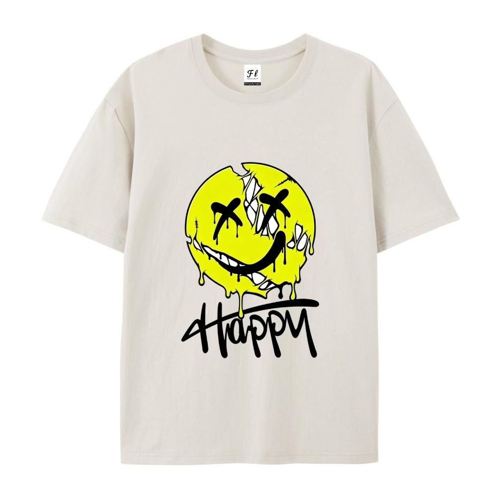 OveHappy Dripping Smiley Print T-Shirt Men Women rsized Casual Streetwear Short Sleeve Tops