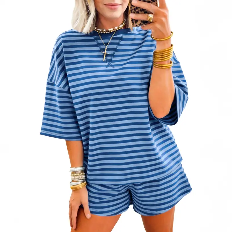 Znacicc Women's Preppy Navy Blue Stripe 2-Piece Ribbed Cotton Clothes Set - Chest Embroidery, Short & Top Set for Loungewear, Casual Summer Outfits Elegant Womenswear