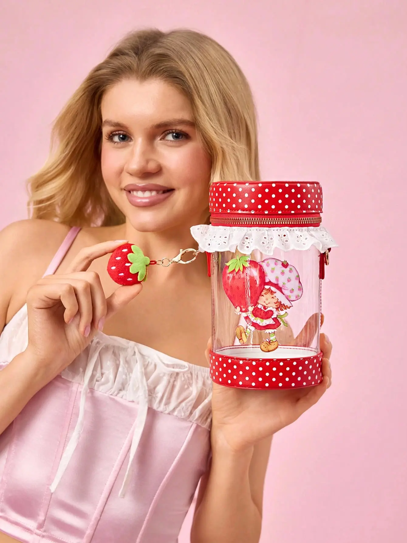 Women's Strawberry Shortcake Transparent PVC Crossbody Bag - Pastoral Round Shape Lace-Trim Cylinder Purse