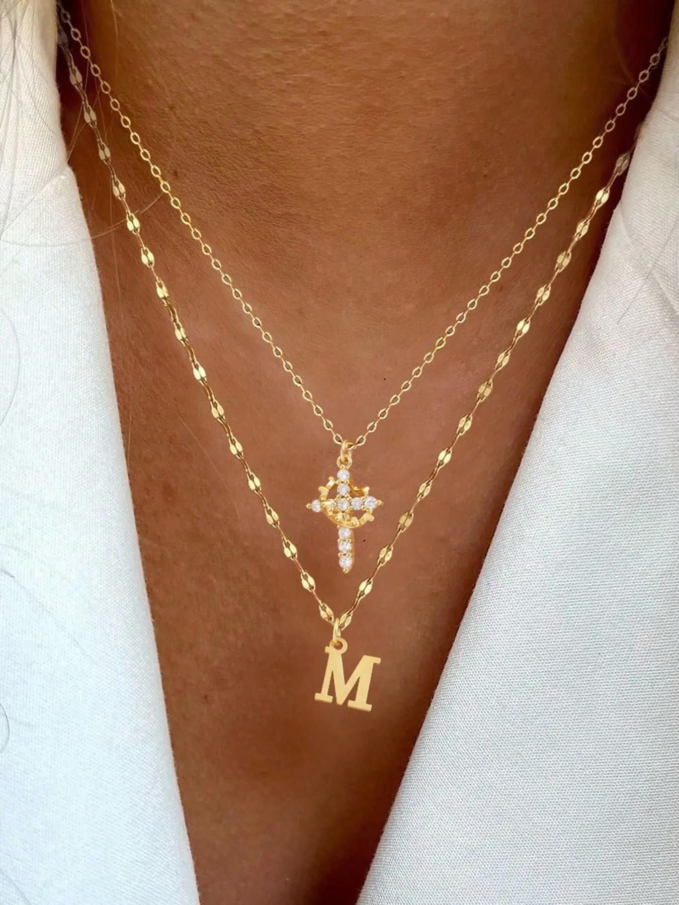 2 Piece Set Initial Micro-Set Zircon Crown Cross Pendant Necklace, Elegant Stainless Steel Multi-Layer Chain, Women's Jewelry, Dainty Cross Necklace, Multilayer Cross Necklace
