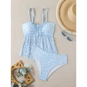 Daisy Chain Dreams Sky Blue Tankini Set with Built-In Soft Cups – Summer Vacation Tummy Control Swimwear, Women’s Two-Piece Tankini Suit