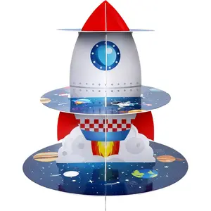 Space Cupcake Holder, Rocket Theme Birthday 3 Tier Cardboard Cupcake Stand, Galaxy Style Dessert Tower Display for Party Supplies Decoration