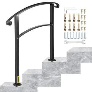 3-Step Transitional Handrail For Outdoor Stairs, Fits 1 Or 3 Steps, Matte Black Wrought Iron Hand Rail With Installation Kit, Nonadjustable Exterior Stair Rail For Porches And Entryways, Durable Powder-Coated Metal