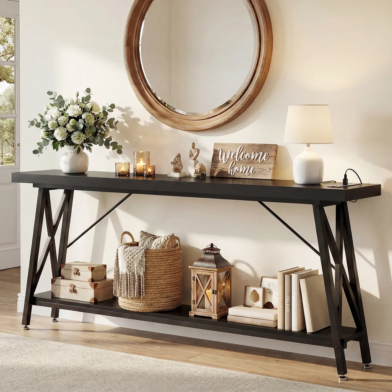 70.9" Extra Long Console Table with Charging Station - Industrial Sofa Table Behind Couch, 2-Tier Entryway Table with Storage Shelf, Black