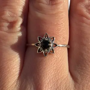 Sterling Silver Black Onyx Lotus Flower Dainty Ring for Women