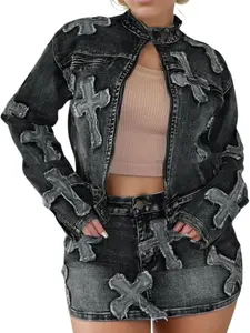 Trendy Women's 2 Piece Denim Outfit - Long Sleeve Cropped Jacket & Mini Bodycon Skirt Set prettygirlsset countrygirlshorts jeansdress two-piece suit