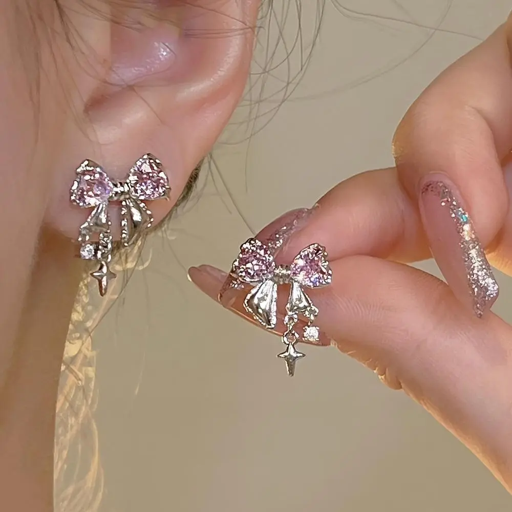 1 Pair Y2K Pink Bow Earrings - Cute Sweet Dainty Studs, Alloy Body & Plastic Accents, Lightweight Elegant Jewelry for girls