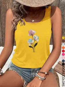Summer Casual Floral Print Sleeveless Women's Vest, Round Neck Strap Top, Loose Fit, Multiple Colors, Versatile