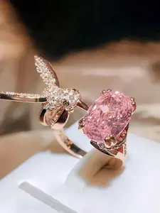 Elegant Rose Gold Hummingbird Open Ring, Adjustable Geometric Design, Zircon Wedding Party Gift, Fashionable Women's Jewelry