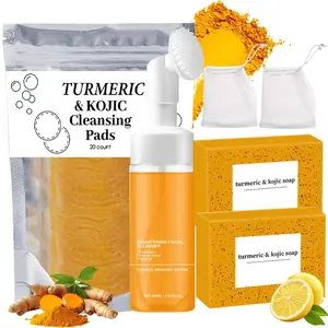 5Pcs Turmeric Wash and Care Three-Piece Set, Turmeric Facial Cleanser & Turmeric Soap Bar*3& Turmeric Face Scrub Pads, Face & Body Cleanser, Turmeric Cleansing Skincare Set, Deep Cleansing