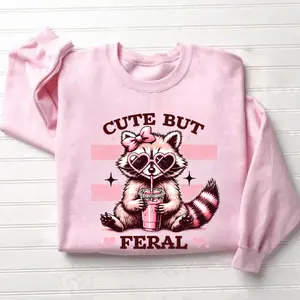 Cute But Feral TShirt, Hoodie, Sweatshirt, Pink Raccoon Graphic Tee, Aesthetic Y2K Animal Shirt, Funny Kawaii Style Gift for Girls