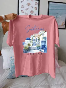 【Plus Size】 Saint Tropez Greece Pattern Print T-Shirt, Short Sleeve Round Neck, Oversized Fit, Moderate Fabric Thickness, Summer and Spring Women's Clothing