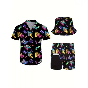 Men'S 3pcs Retro Outfit Beach Set, 80s 90s Sportswear, Hawaiian Sportswear Set, Shirt Beach Shorts And Fisherman Hat Bucket Hat Father'S Day gift perfect gift for dad and boyfriend.