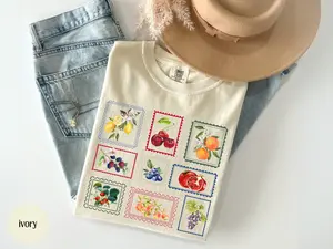 Summer Fruit Stamp 100% Cotton Unisex T-shirt, Vintage Postage Stamp Graphic Tee, Aesthetic Summer Shirt, Trendy Farmer’s Market Cottagecore Top, Gardening Gift Shirt, Comfortable Casual Fit, TikTok Trending Summer Tee