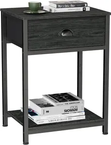 Nightstand with Fabric Drawer & Storage Shelf, Small Bedside Table Organizer for Small Space, 2 Tiers Industrial End Table, Side Table for Living Room, Bedroom, Black Oak