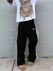 Men's Casual Sporty Long Pants, Meteor Pattern Print Side Striped Sweatpants, Drawstring Wide Leg Relaxed Fit, All Seasons Wear, Athleisure Style Bottoms