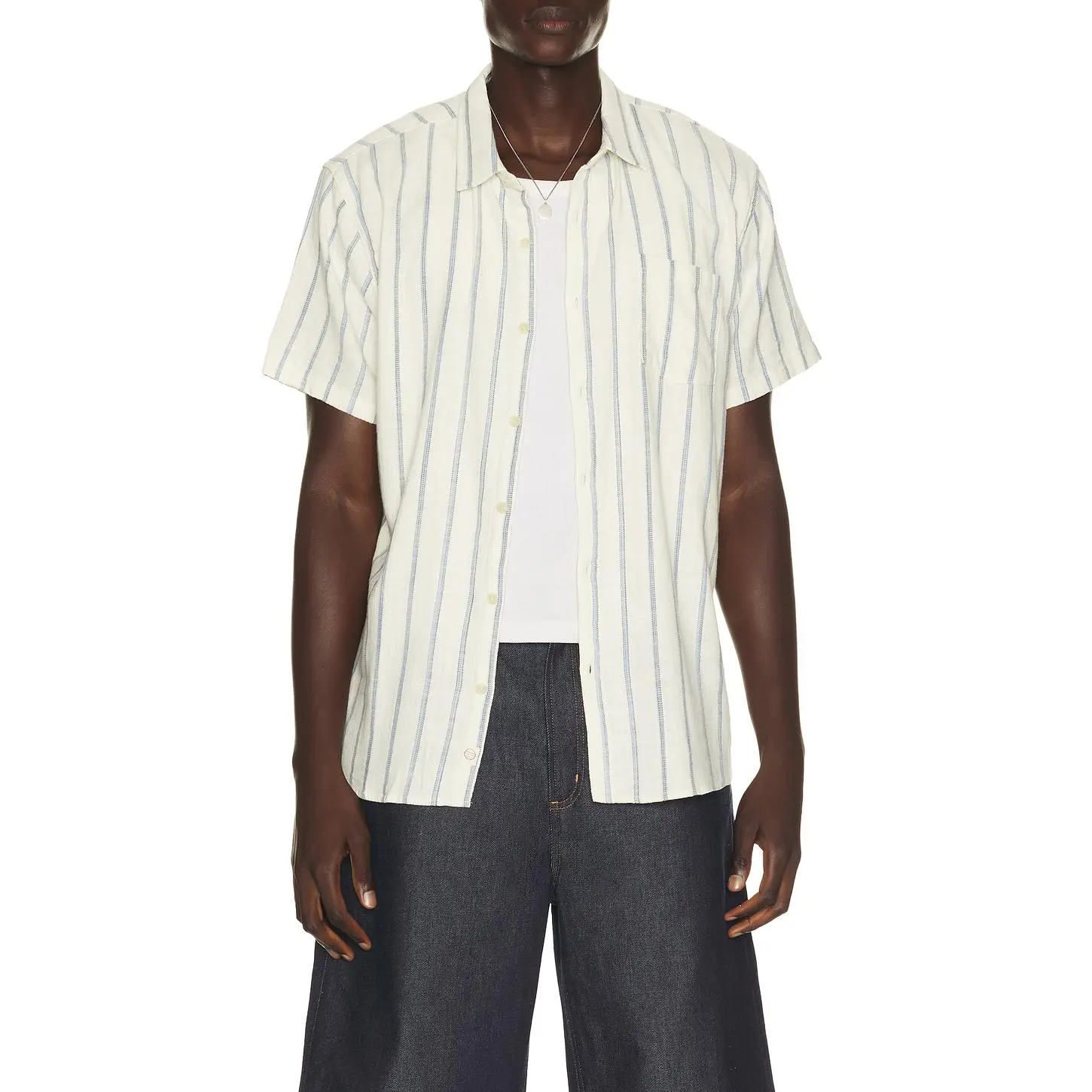 Marine Layer Classic Stretch Selvage Shirt in Natural & Navy Stripe