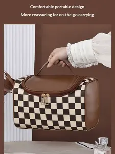 Meadow Style Checkerboard Full PU Makeup Bag, Large Capacity Portable Retro Storage Bag, Travel Wash Kit, Women's Daily Business Organizer