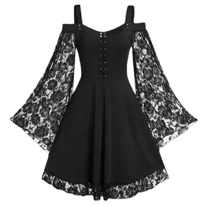 off-Shoulder Bell Sleeve Lace Stitching Artistic Retro Vintage Gothic Flower Print Dress