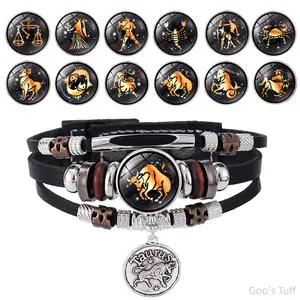 Leather Woven Bracelet Viral TikTok 12 Constellation Glow In Dark Beaded Wristband Sweet Fresh Zodiac Bangle Soft Luminous Braided Jewelry Student Daily Wear BFF Gift