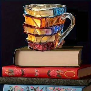 Book Stack Design Coffee Cup Resin Stainless Steel, Vibrant Blue Glass Art, Reusable Creative Gift for Book Lovers