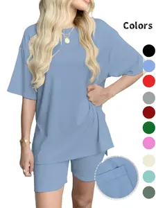 Women's Solid Color T-Shirt and Fitted Shorts Knit Loungewear Set, Casual Comfortable Round Neck Sleepwear for Summer, with Pockets and Oversized Fit，Women's Affordable Pajamas