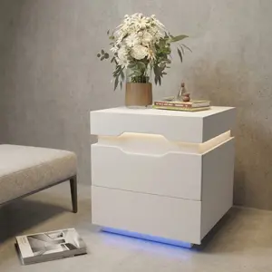 Modern Nightstand With Charging Station 20 RGB LED Light Bedside Table With Plug Outlet 2 USB Ports 2 Drawers Top Storage Space Multifunctional Side Table For Bedroom Home Decor Furniture