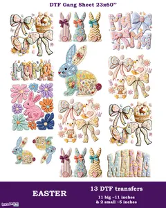 "Fluffy" Easter DTF Gang Sheet: 13 Ready To Press Transfers - 23x60, 11 Big & 2 Small, Full-Color Printing, Same/Next Day Shipping Faux Yarn Gansheet