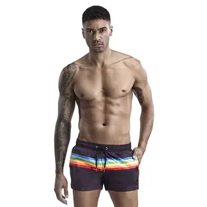 2026 new lightweight men's sports shorts, summer quick drying loose rainbow stripe beach pants, swimming trunks, fitness running shorts, trendy black and white