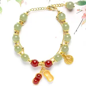 Natural Green Jade Beaded Bracelet for Women 14K Gold Plated Peanut & Fu Character Lucky Handmade Adjustable Bangle Auspicious Blessing Good Luck Amulet Jewelry Gift for Birthday Mother's Day