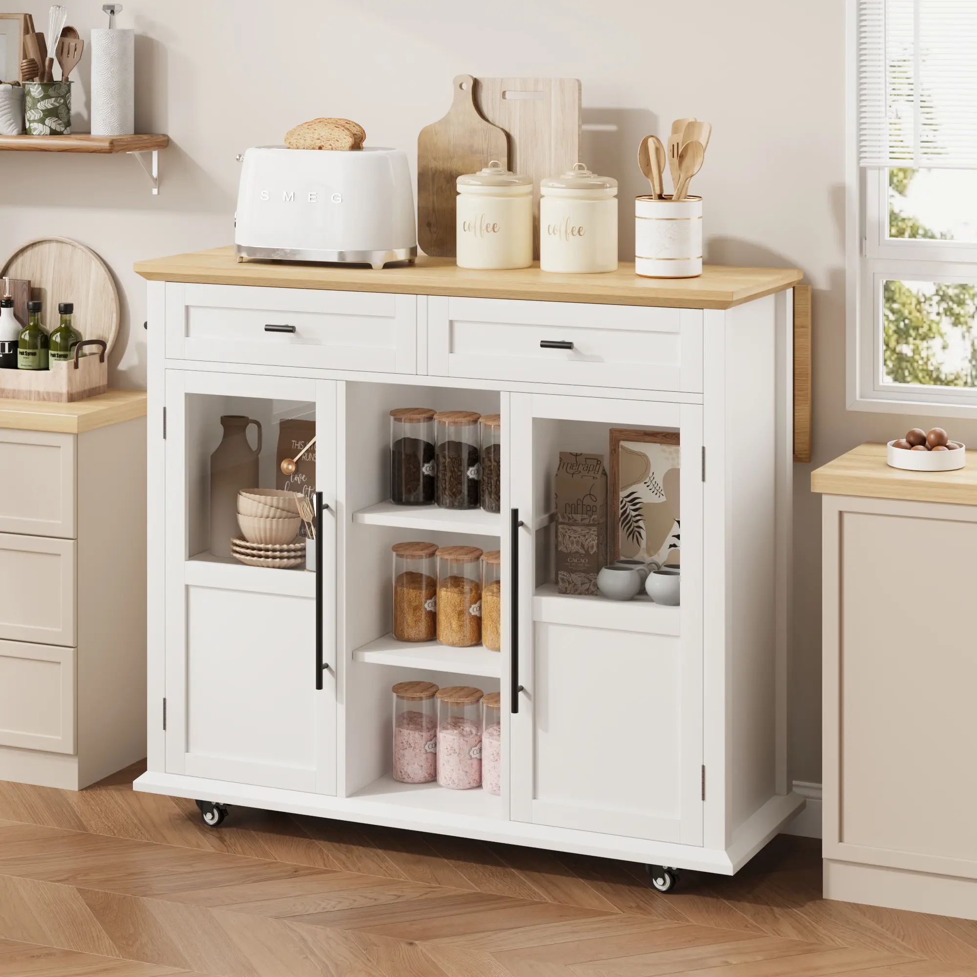 Rolling Kitchen Island Cart with Drop Leaf – Mobile Kitchen Cart with Wood Top, 3-Tier Storage Shelves & Coffee Bar Station, Kitchen Island on Wheels for Dining Room, Small Spaces & Home Storage