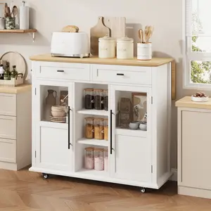 Rolling Kitchen Island Cart with Drop Leaf – Mobile Kitchen Cart with Wood Top, 3-Tier Storage Shelves & Coffee Bar Station, Kitchen Island on Wheels for Dining Room, Small Spaces & Home Storage