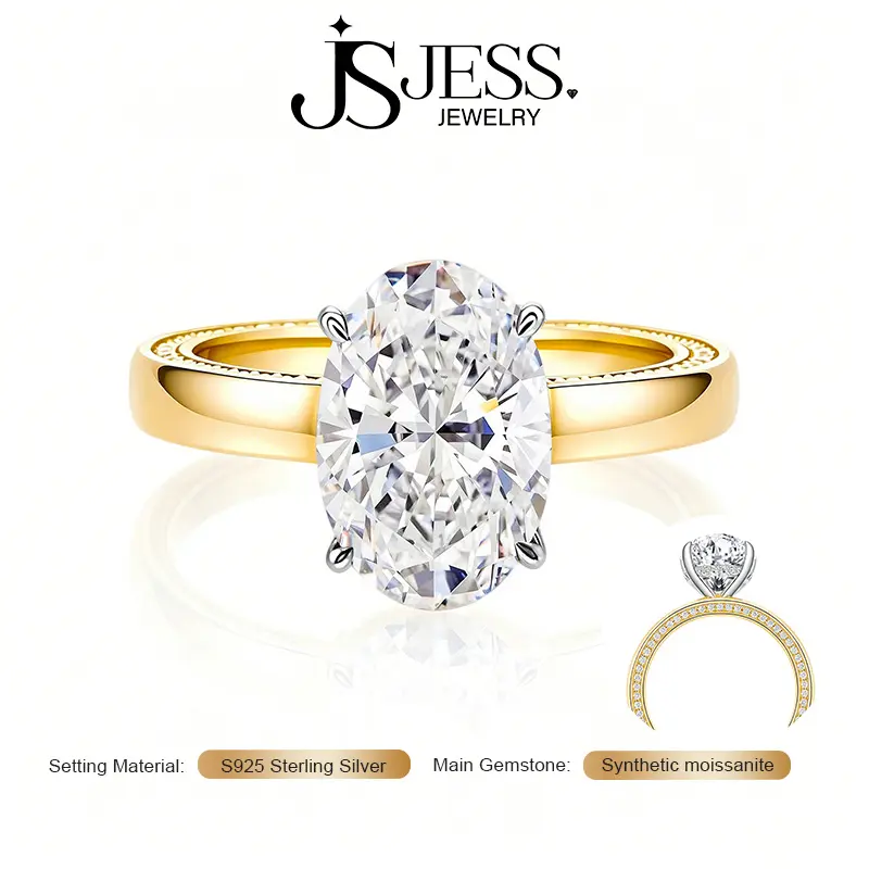 Totus Women's S925 Sterling Silver 18K Gold-Plated Engagement Ring, 4.5CT 8*12mm Oval-Cut D Color VVS1 Moissanite, Bold Wide 2-Tone Artificial Gemstone Ring