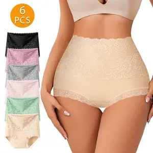 QUASTI 6-Piece Elegant High-Waisted Cotton Tummy Control Women's Panties, Delicate and Elegant Lace, Butt Lifting, Super Soft and Comfortable, Highly Elastic and Breathable, Confident and Elegant Womenswear, S-XXL