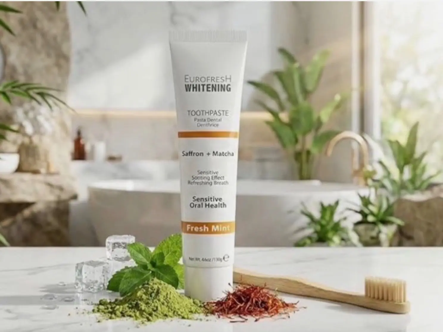 FARMASI Eurofresh Whitening Toothpaste with Saffron & Matcha Green Tea, Gentle Formula for Sensitive Teeth and Gum Protection, Vegan, Mint, 4.6 oz, Cleansing, Cruelty Free, Mint+Tea, Vegan Safe, Oral, Gum Protects, Gum Health