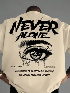 Men's ''never Alone'' Tear Eye Short Sleeve T-Shirt, Dark Streetwear Fashion Style Inspirational Slogan Top, Casual Fitted Animal Print Tee