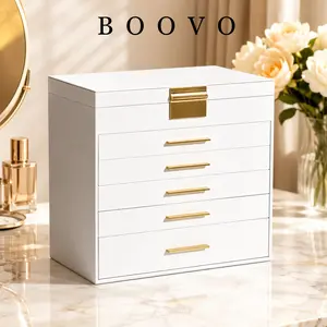 BOOVO 6-Layer Rectangular Modern PU Leather Vanity Jewelry Box with Velvet - Durable Large-Capacity Women's Chest with Mirror, Elegant Jewelry Organizer, Storage Organizer for Earrings & Rings, Dresser Decor