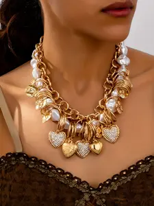 Bohemian Style Faux Pearl Heart Shaped Necklace, Luxury Vertical Design, Perfect for Women Parties & Gifts, Elegant Jewelry Accessory, Love Heart Necklace, Charms Necklace
