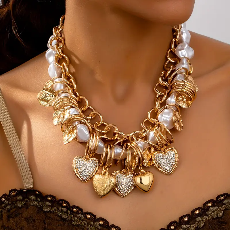 Bohemian Style Faux Pearl Heart-Shaped Necklace, Luxury Vertical Design, Perfect for Women Parties & Gifting, Elegant Jewelry Accessory, Heart Style Choker, Mother's Day Gift, Boho Style Necklace